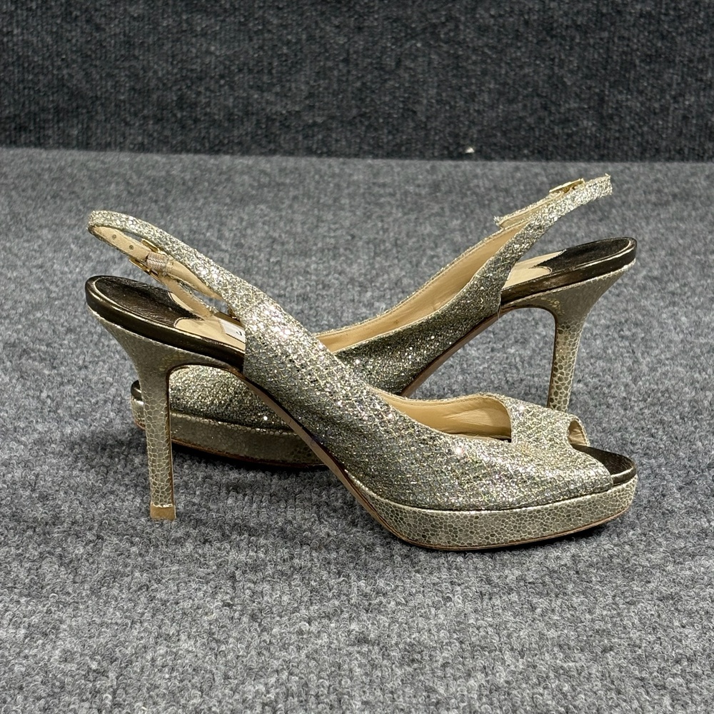 Jimmy Choo Shoes Womens 5 Gold Glitter Platform Slingback Peep Toe Heels Italy